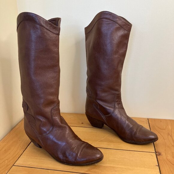 Sesto Meucci Brown Leather Tall Boots Vintage Made in Italy Boho Western Style - Picture 1 of 9